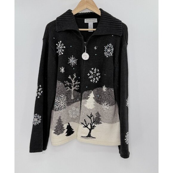 TIARA Winter Wonderland Ramie Blend Sweater Black Cardigan Christmas Snowy Sz L - Picture 2 of 12